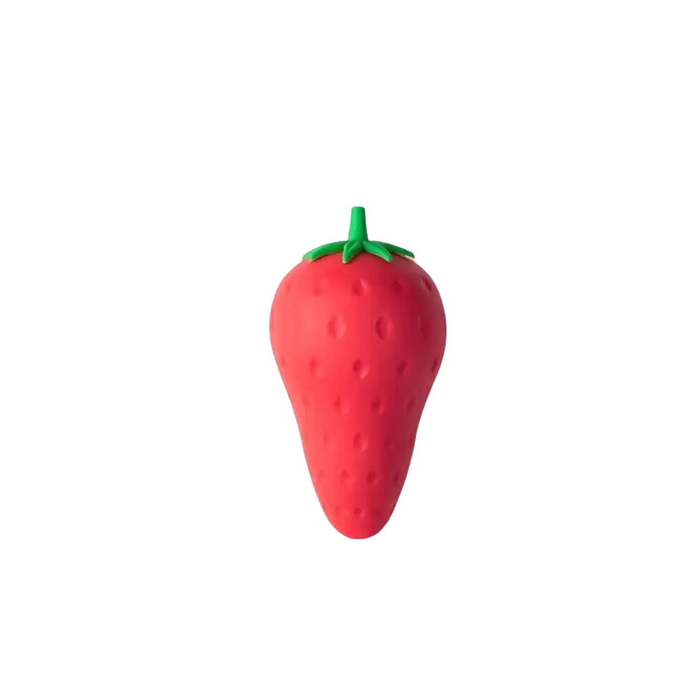 Red strawberry-shaped pencil eraser with green leafy top and textured surface from fruit pencil erasers cute student set