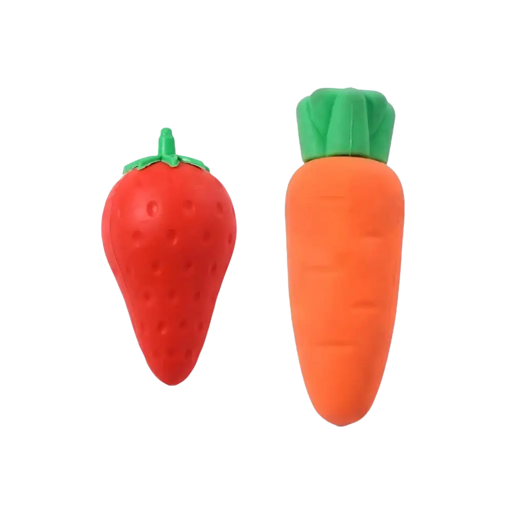 Fruit pencil erasers set featuring red strawberry and orange carrot shapes with green tops for student stationery use