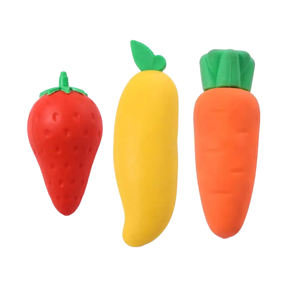 Set of three colorful fruit pencil erasers in strawberry red banana yellow and carrot orange for student stationery use