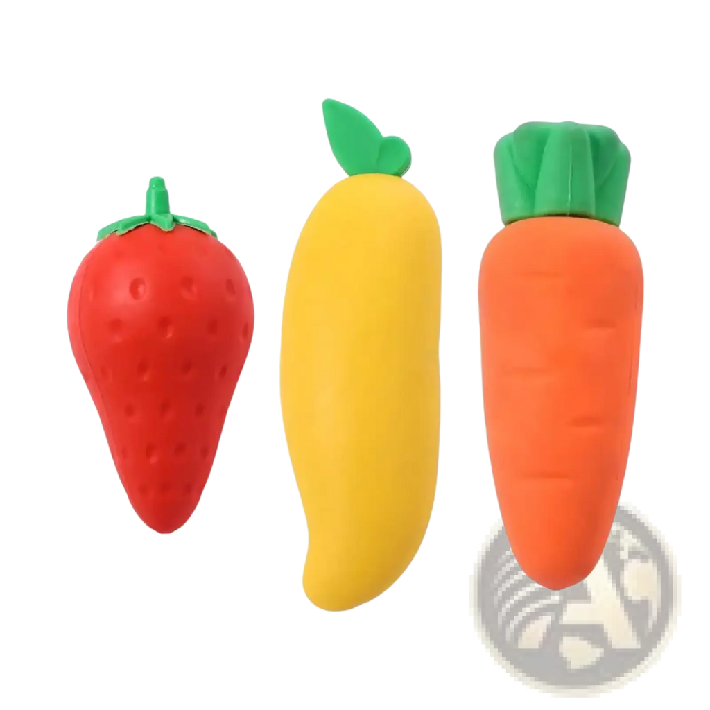 Set of three colorful fruit pencil erasers in strawberry red banana yellow and carrot orange for student stationery use