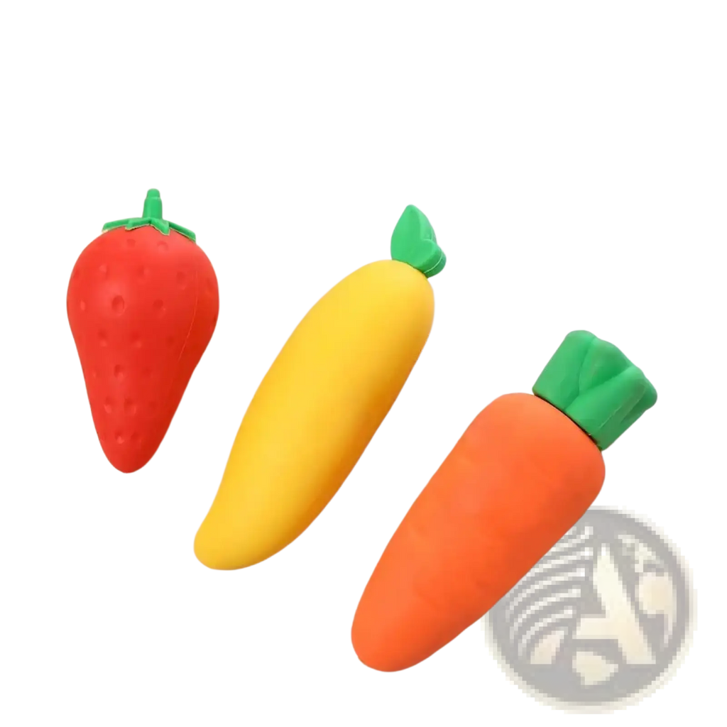 Fruit pencil erasers set featuring colorful soft-textured erasers shaped like strawberry banana and carrot with green tops