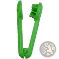 Bright green plastic fruit corer with toothed ridged design for easy pit removal in fruit slicer and citrus juicer set