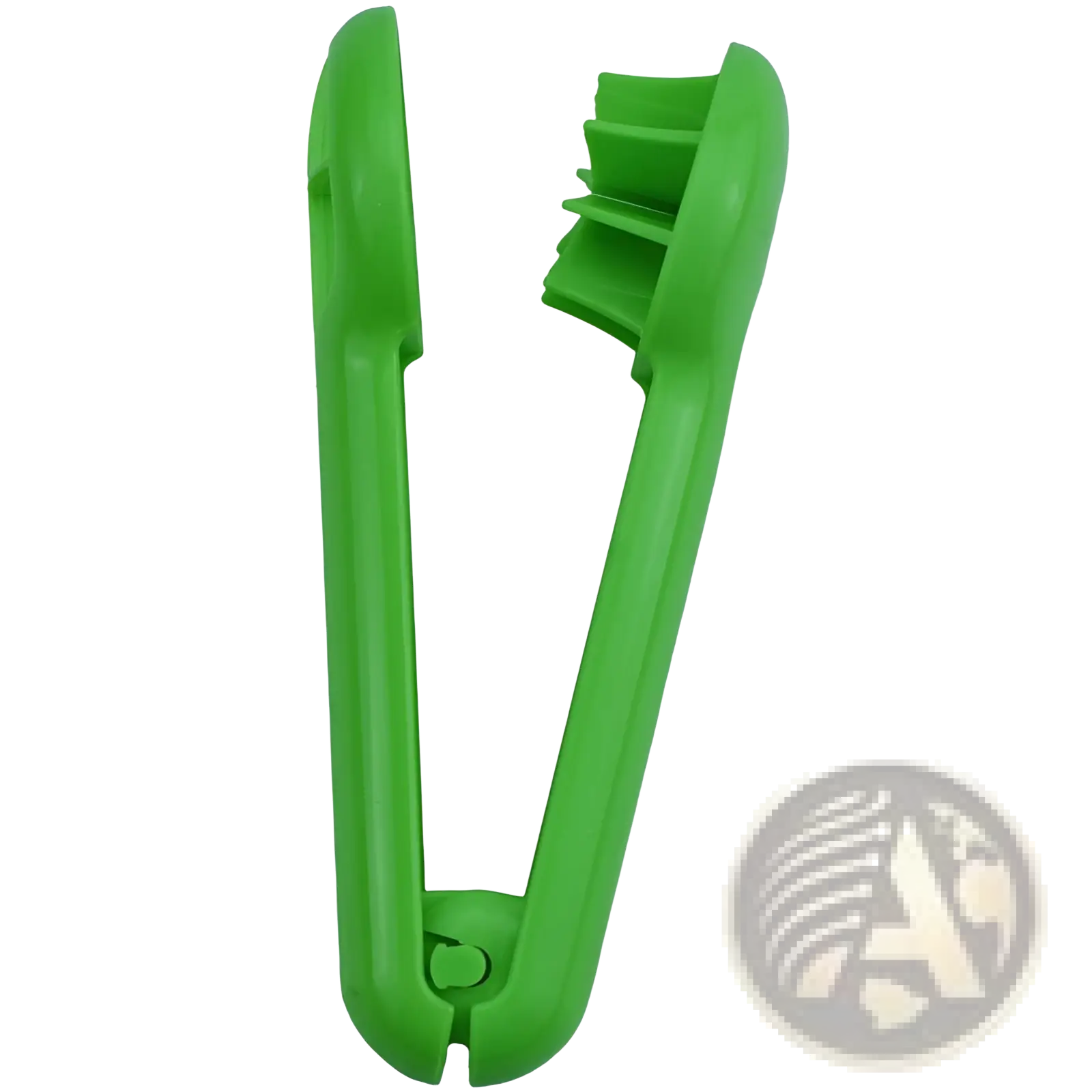 Bright green plastic fruit corer with toothed ridged design for easy pit removal in fruit slicer and citrus juicer set