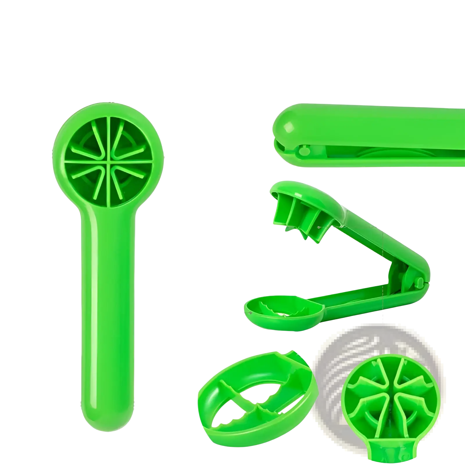 Bright green plastic nutcracker with handle and hinged jaws for cracking nuts in fruit slicer and citrus juicer set