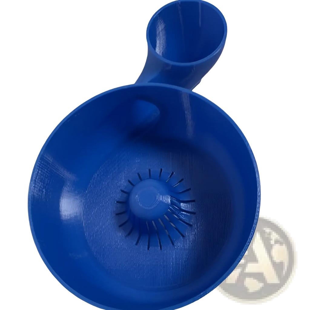 Blue plastic citrus juicer with handle and spiky reamer included in fruit washing bowl and citrus juicer set