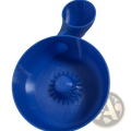 Blue plastic citrus juicer with handle and spiky reamer included in fruit washing bowl and citrus juicer set