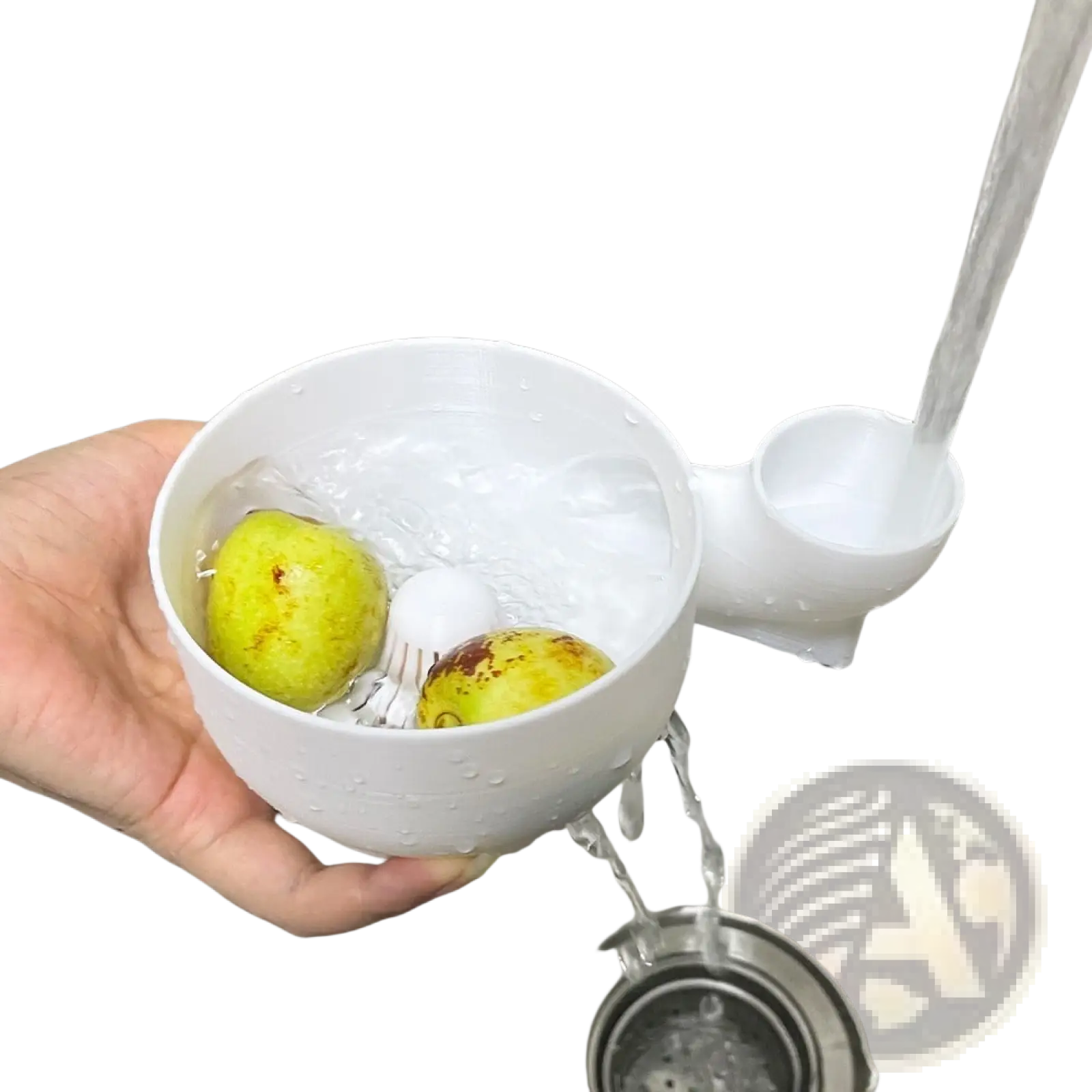 White plastic fruit washing bowl with integrated spout and drainage hole for easy cleaning and juicing