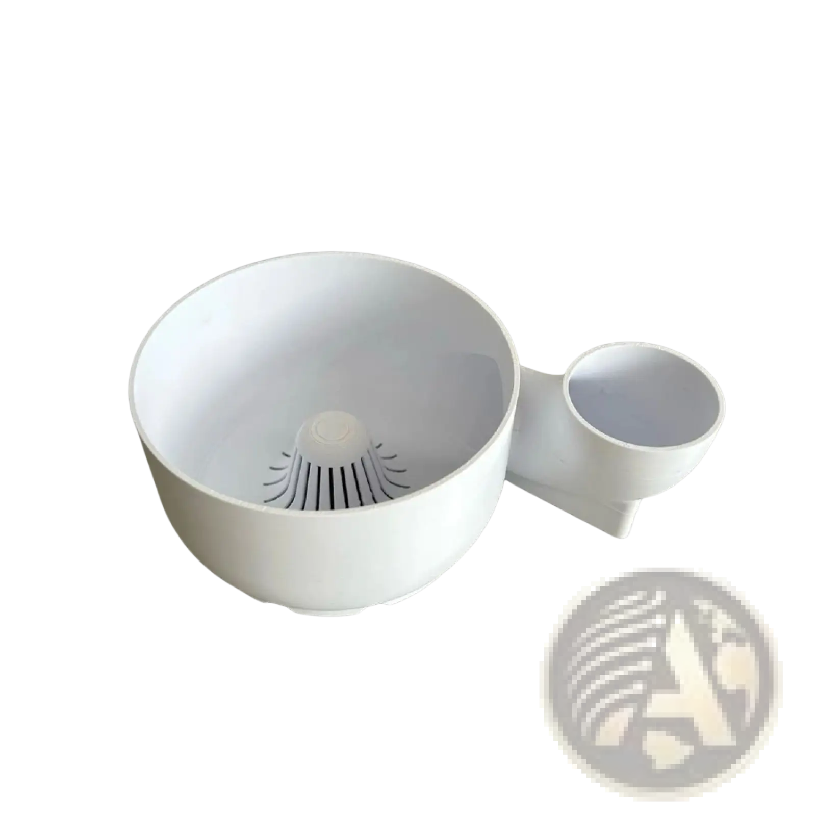 White plastic colander with integrated measuring cup attachment in fruit washing bowl and citrus juicer set