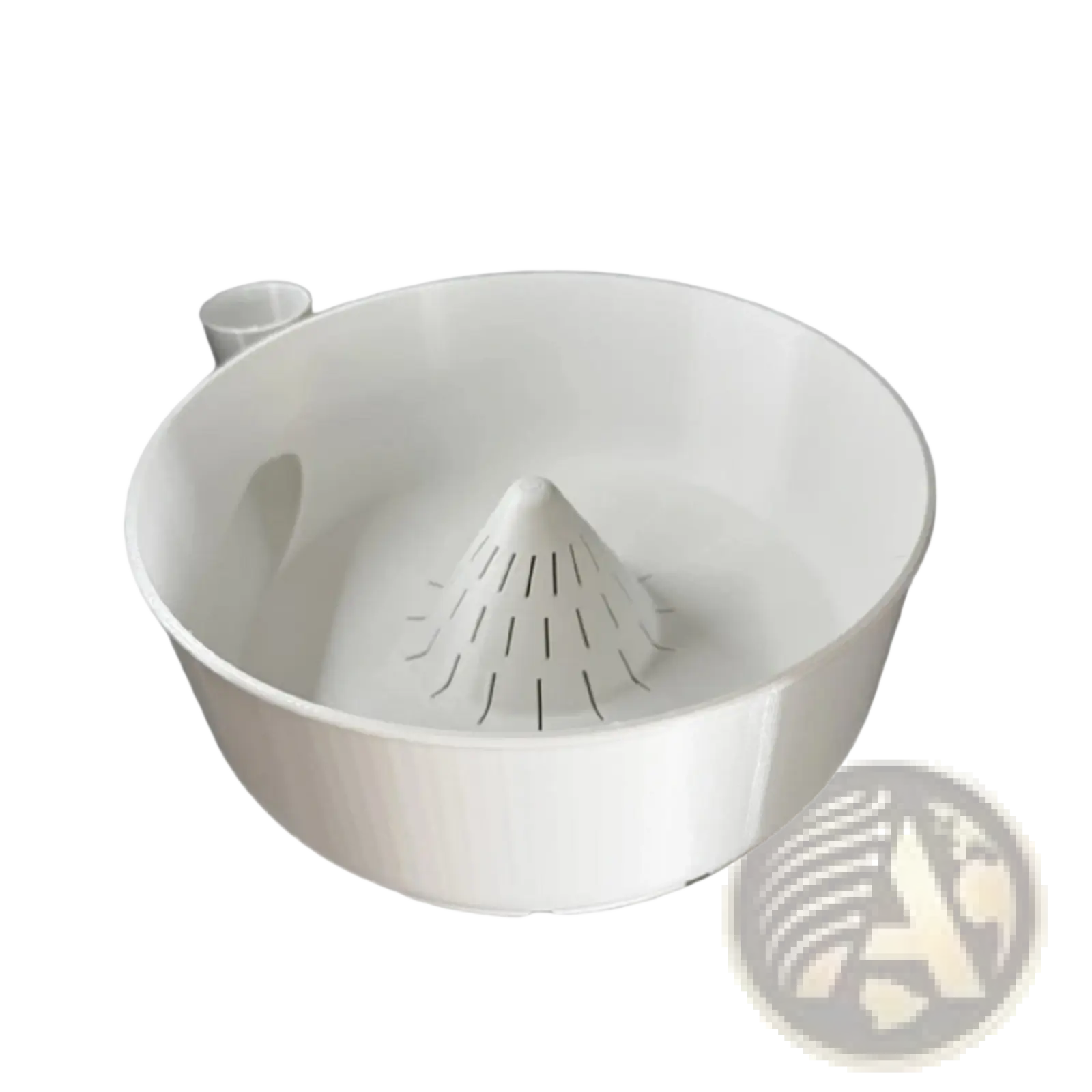White plastic citrus juicer with conical slotted reamer and integrated spout in fruit washing bowl and citrus juicer set
