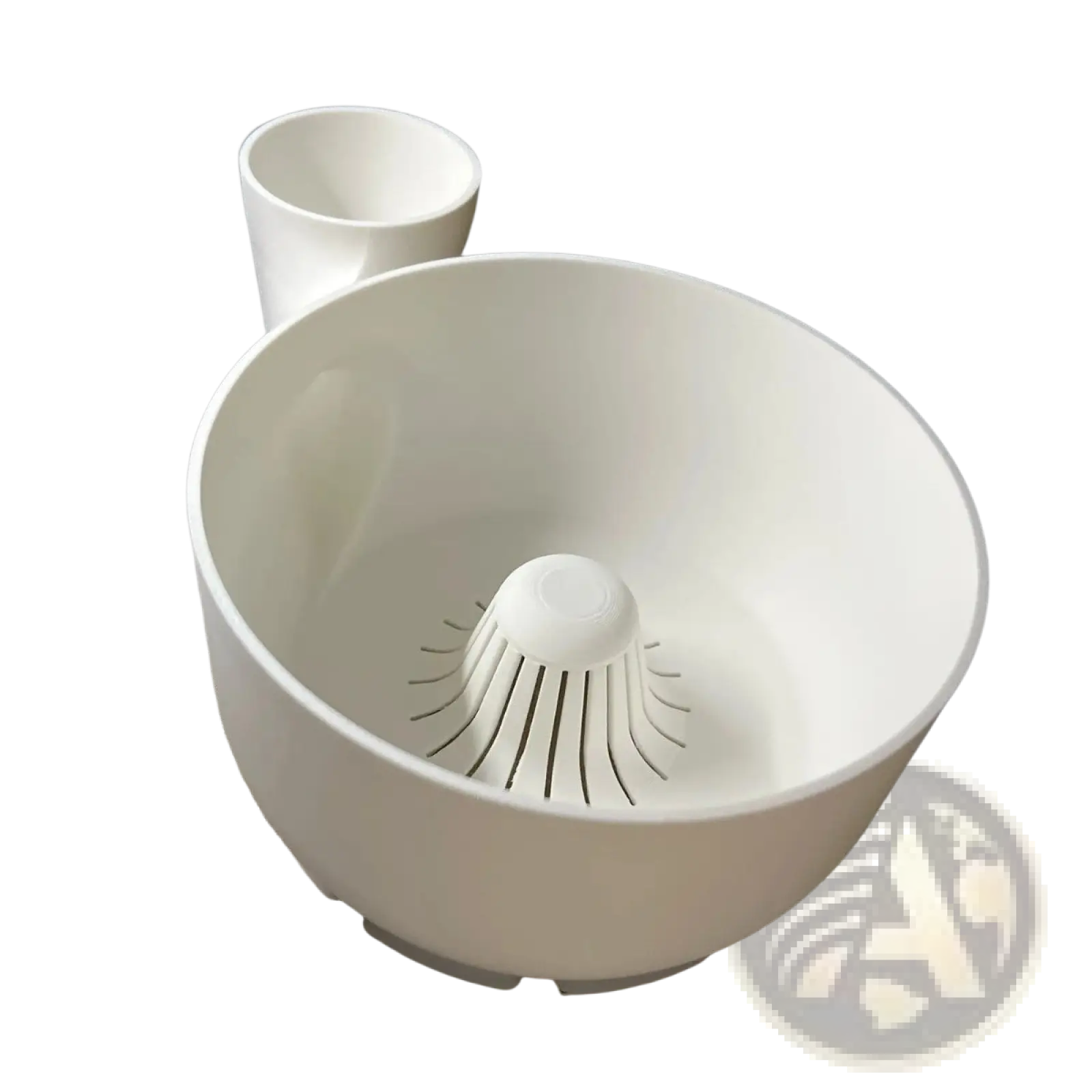 White plastic fruit washing bowl with integrated strainer and small cup for citrus juicing and washing fruits