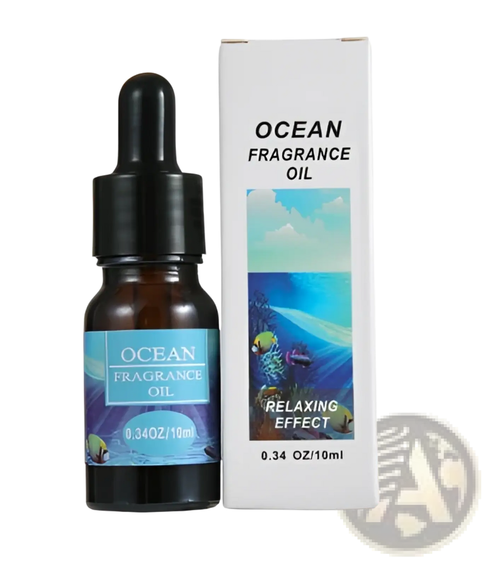 Dark amber glass bottle with black dropper cap and blue ocean label containing ocean fragrance oil for aromatherapy