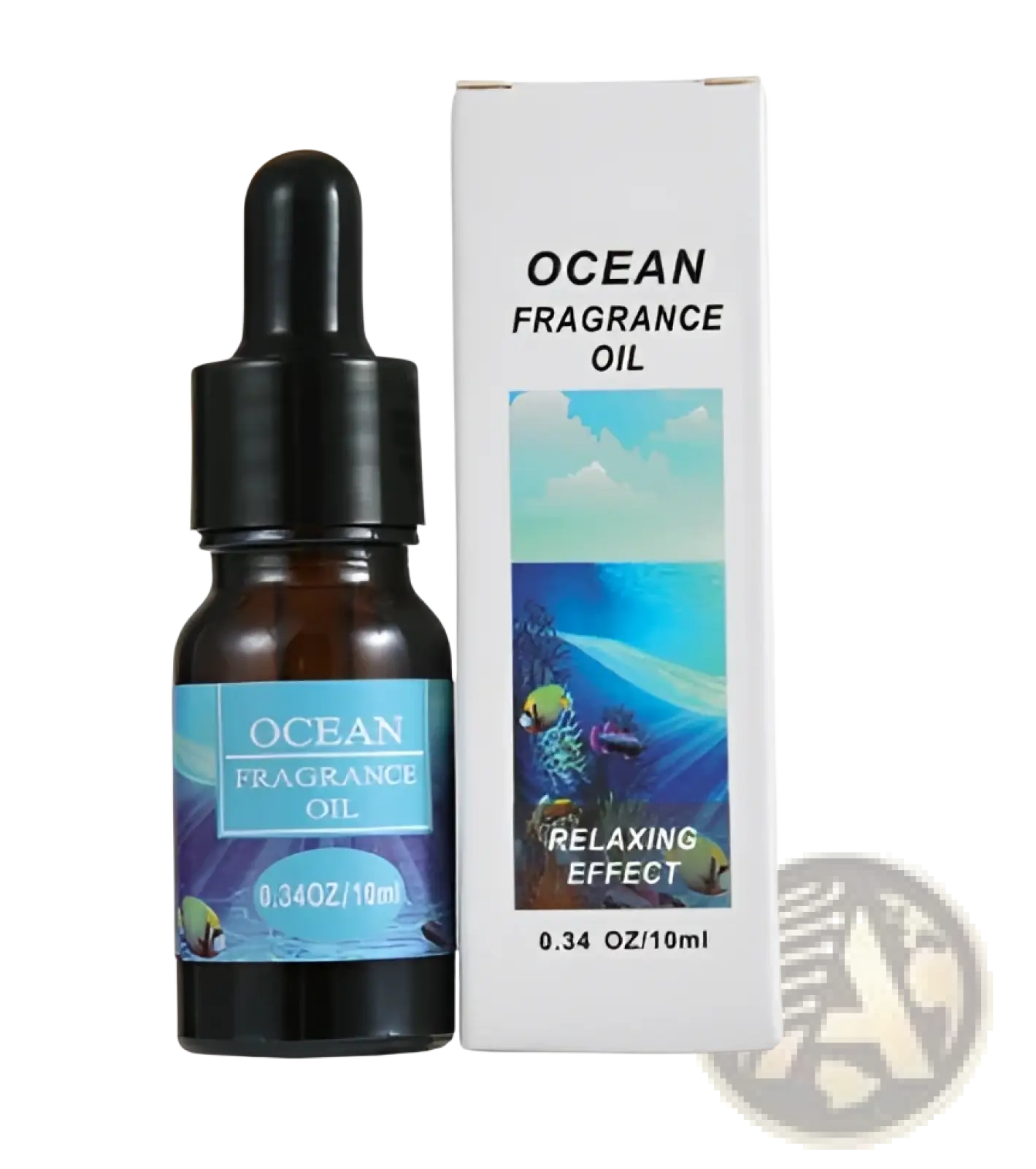 Dark amber glass bottle with black dropper cap and blue ocean label containing ocean fragrance oil for aromatherapy