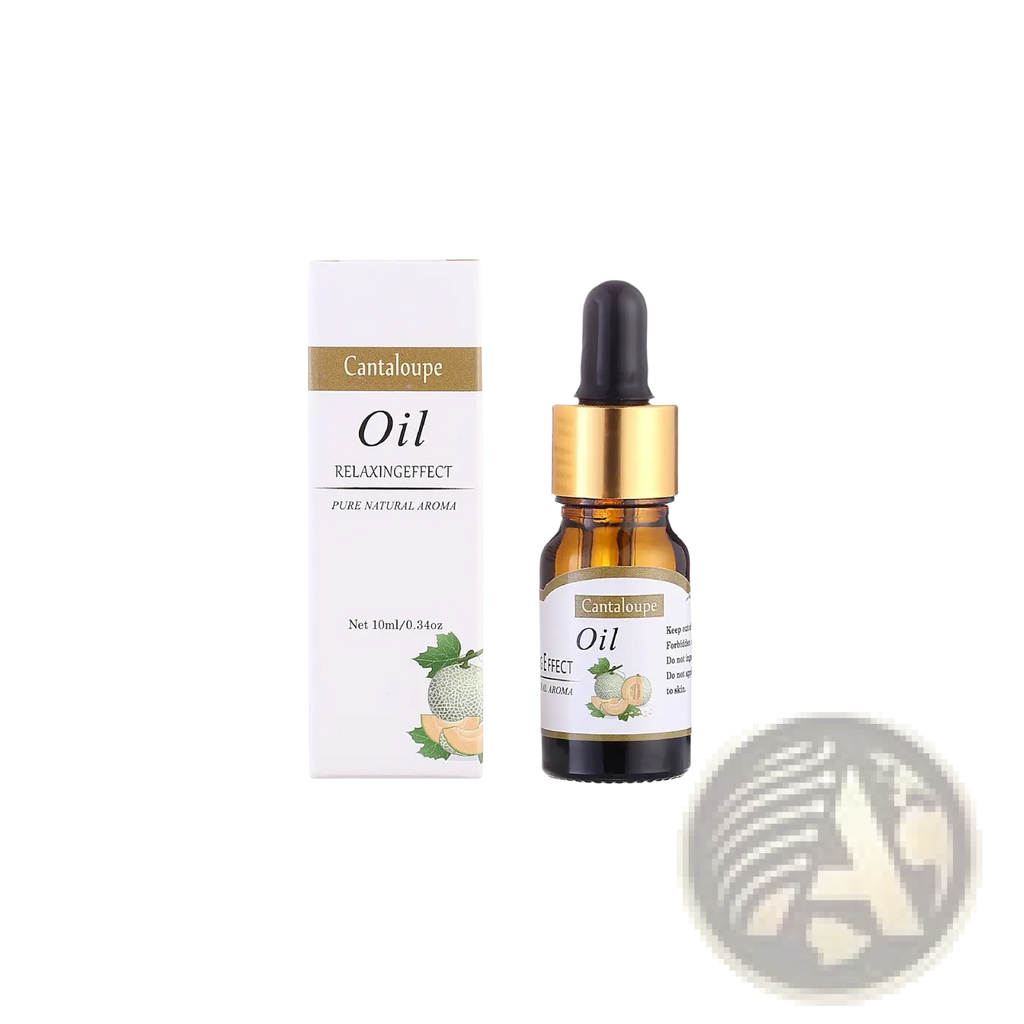 Cantaloupe brand relaxing effect oil in a small amber glass bottle with gold dropper and cantaloupe illustrated label
