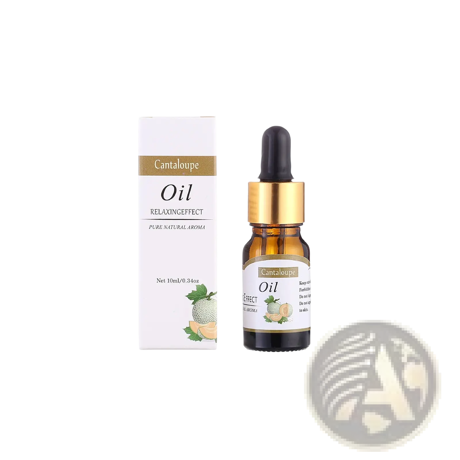 Cantaloupe brand relaxing effect oil in a small amber glass bottle with gold dropper and cantaloupe illustrated label