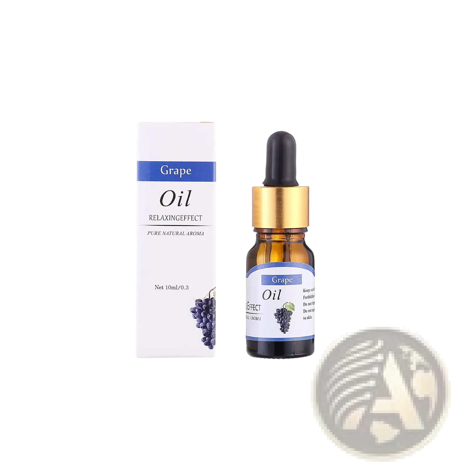 Grape-scented fruity essential oil 10ml amber glass dropper bottle with gold cap and white rectangular packaging