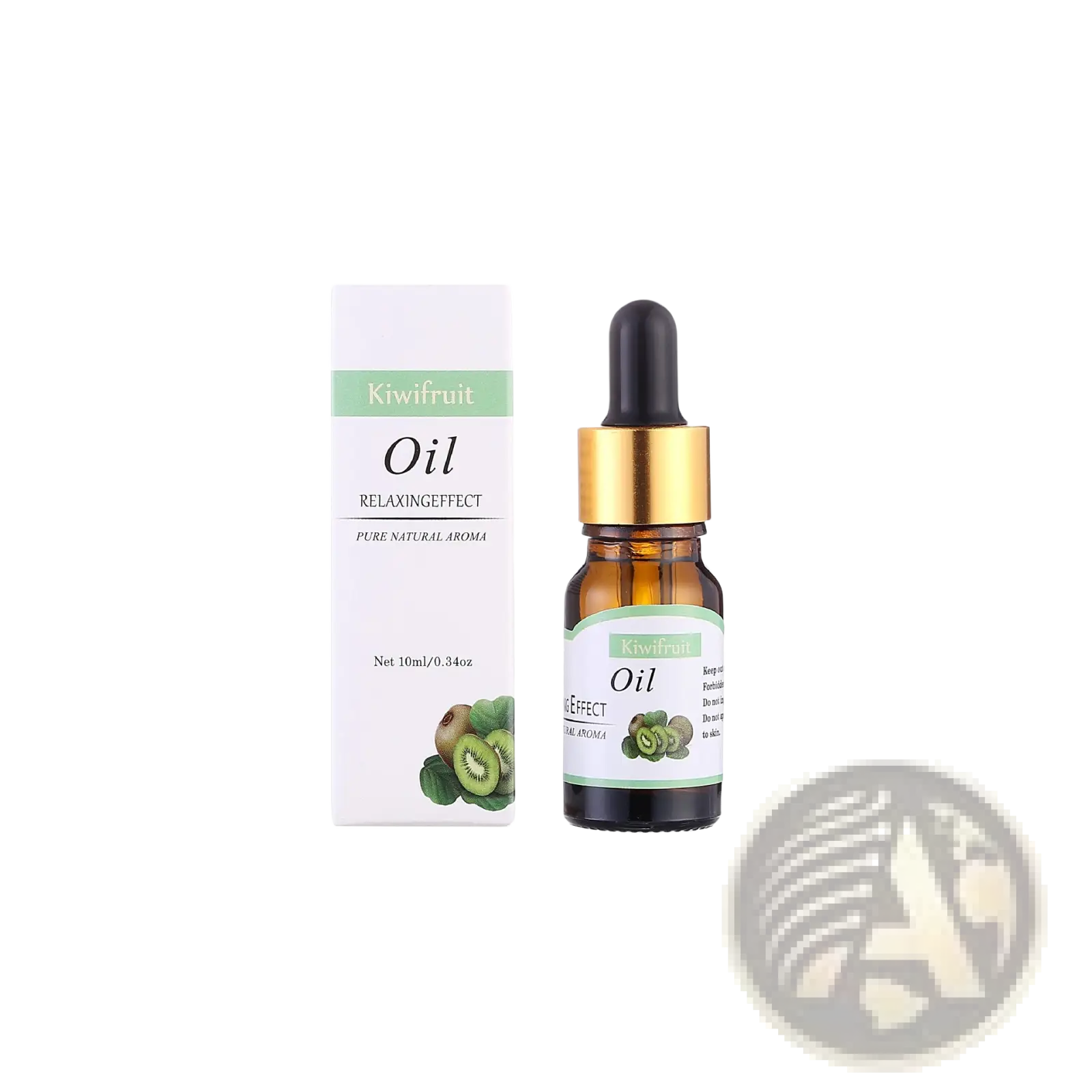 Kiwifruit brand fruity essential oil relaxing effect in a brown glass bottle with gold dropper and kiwi label 10ml aromatherapy