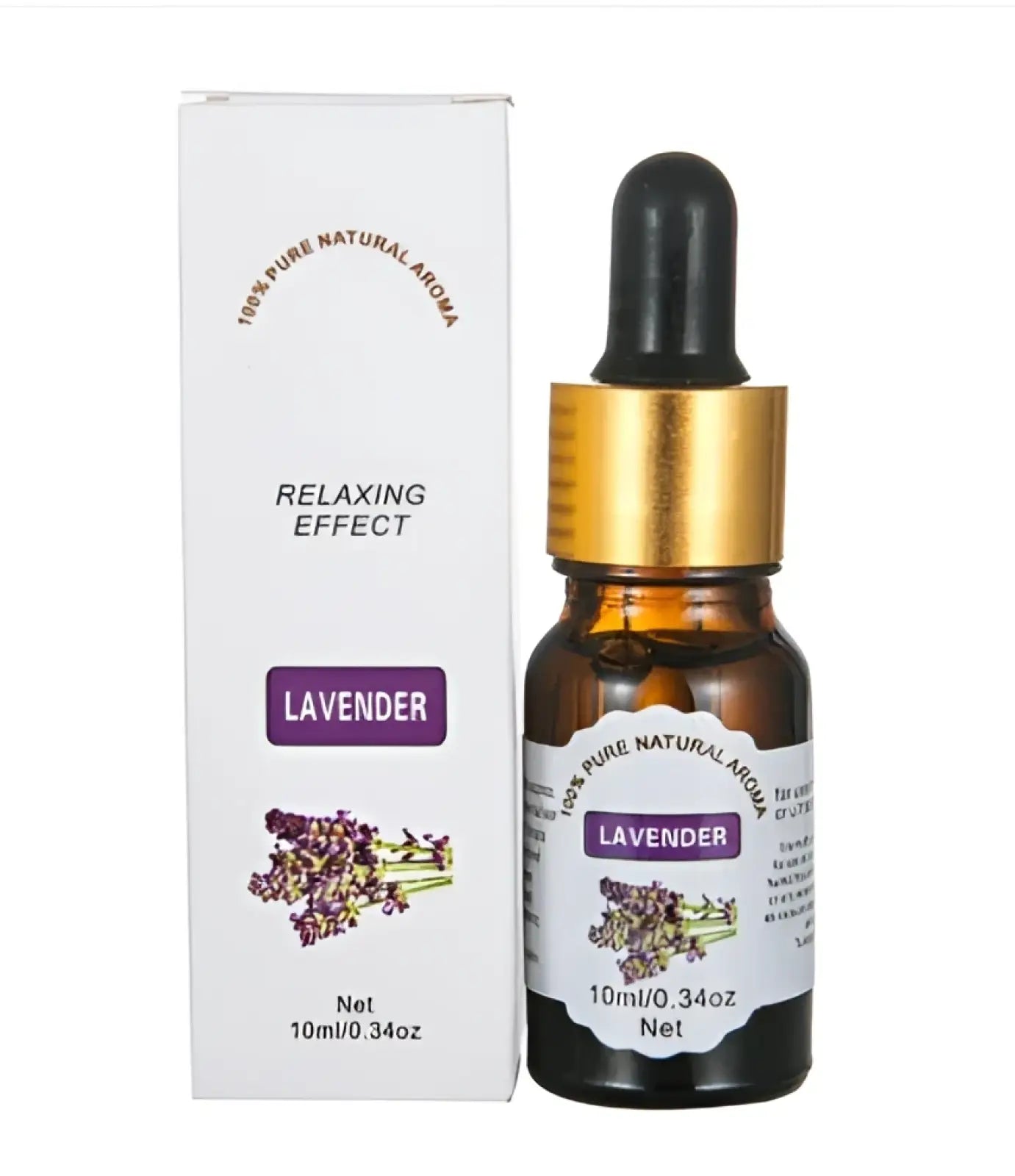 A 10ml amber glass fruity essential oil bottle with gold dropper and lavender labeled box for relaxing effect aromatherapy