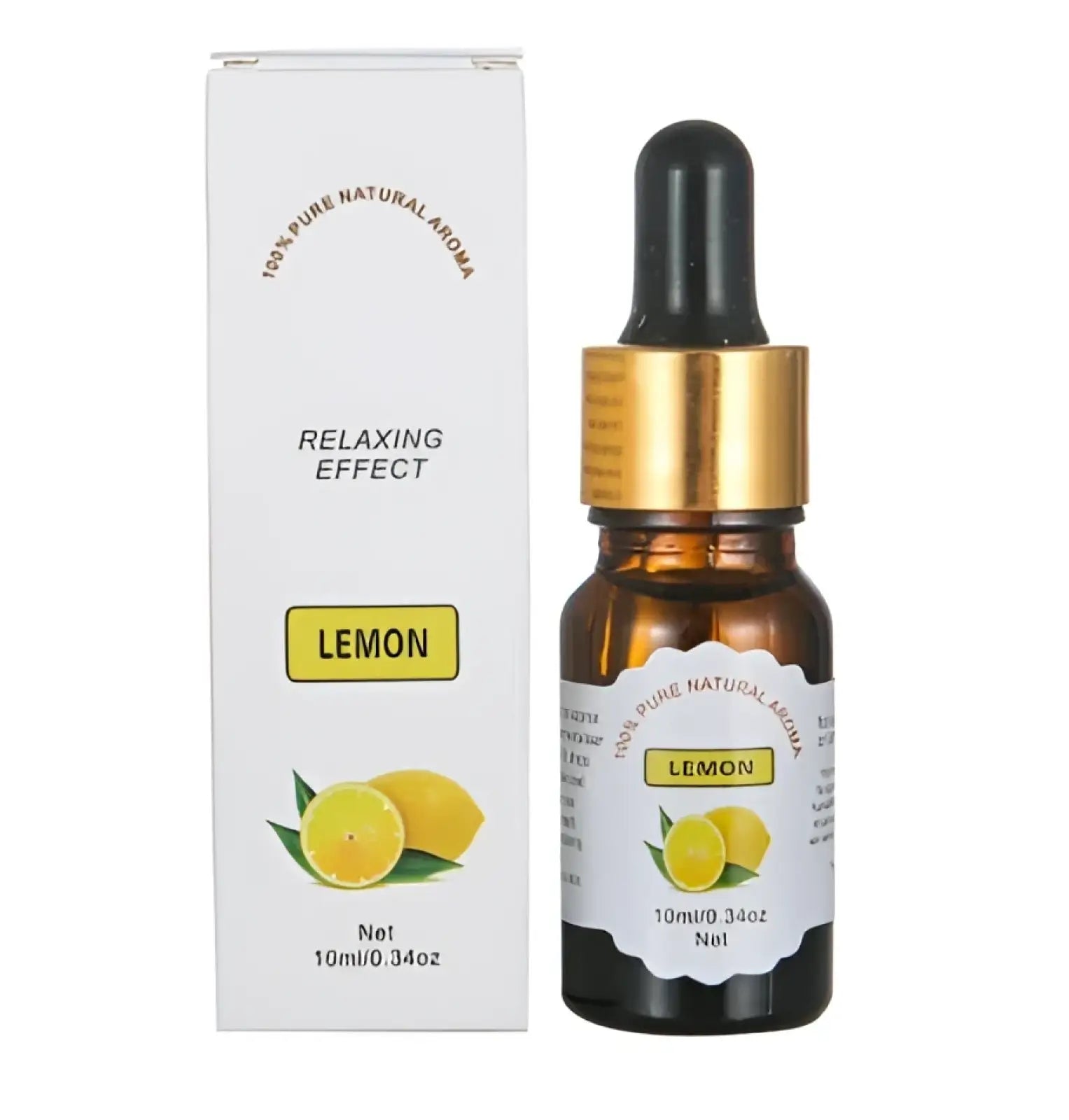 Lemon-scented fruity essential oil 10ml amber glass dropper bottle with gold cap and white box for aromatherapy use