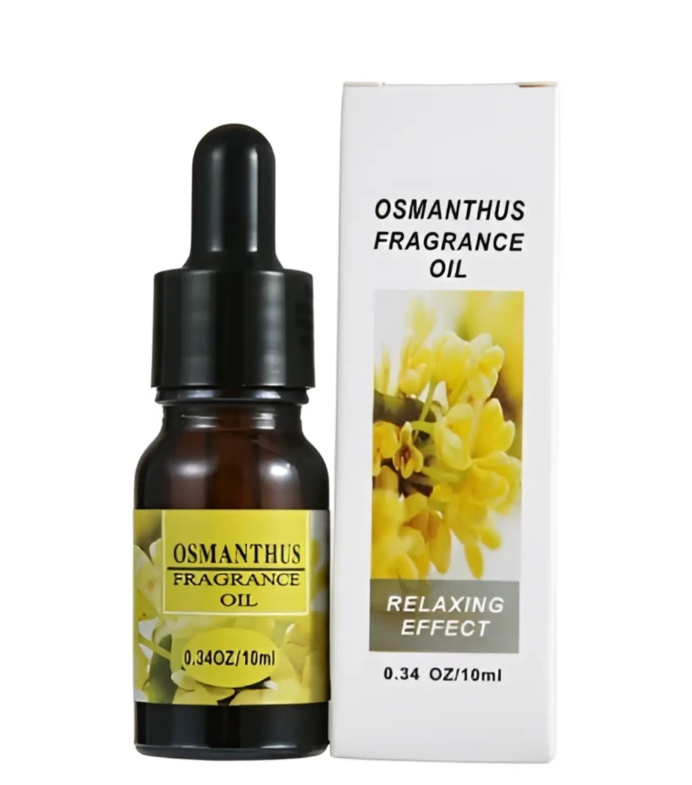 Dark amber glass bottle with black dropper cap and yellow osmanthus label in fruity essential oil 10ml aromatherapy set