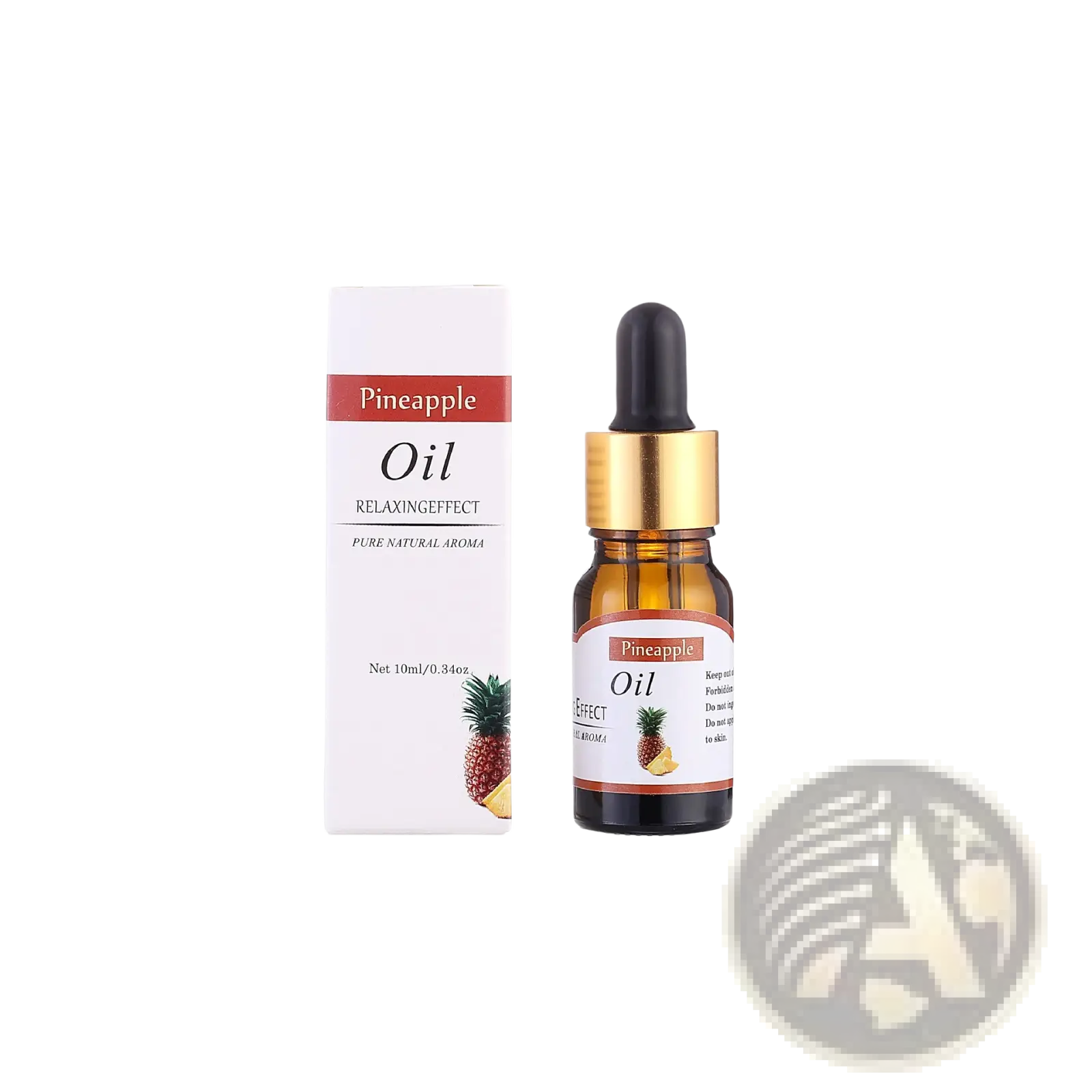 Pineapple essential oil in a 10ml amber glass bottle with gold dropper and white packaging for aromatherapy use