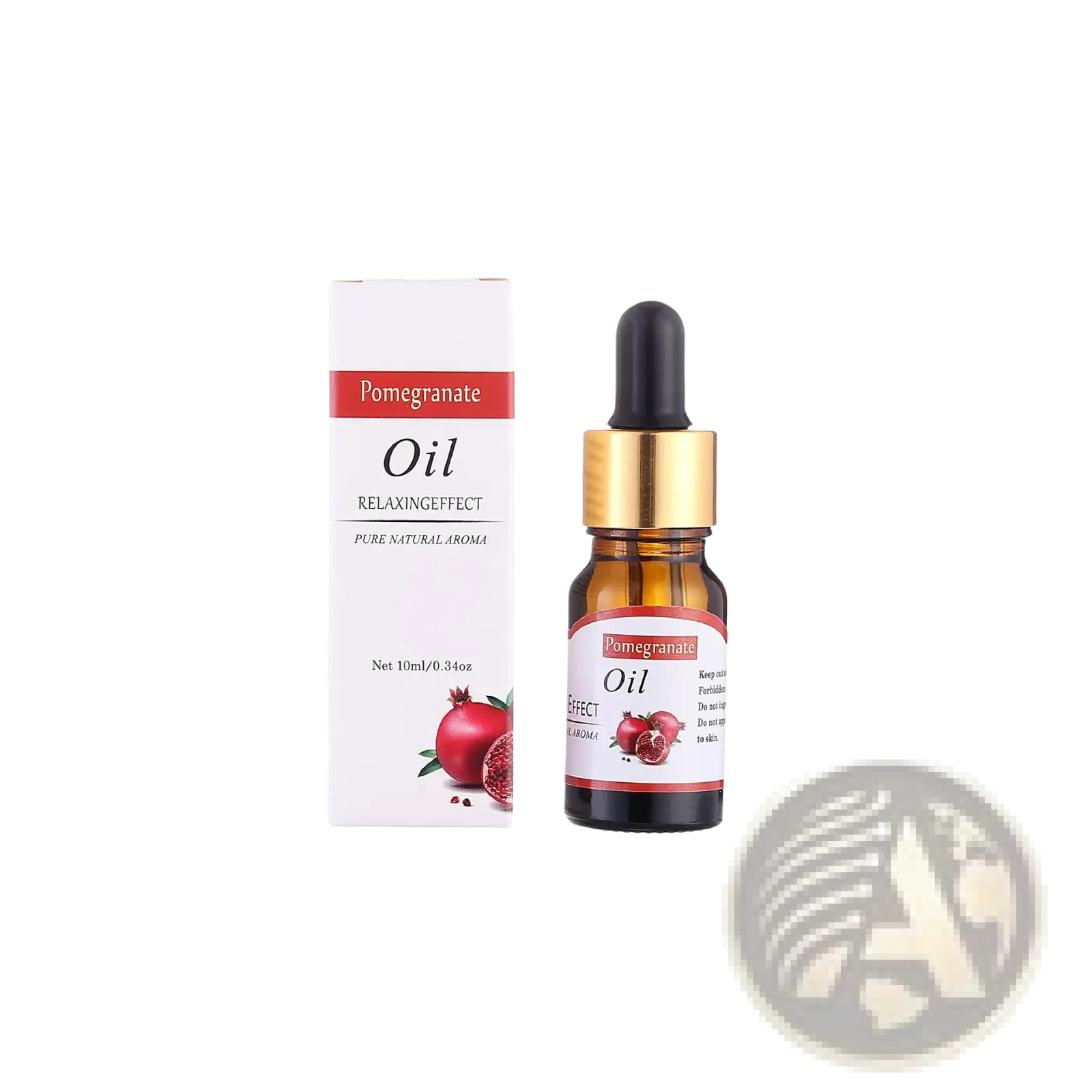A sleek amber glass bottle of pomegranate oil with a gold dropper cap from fruity essential oil 10ml aromatherapy set