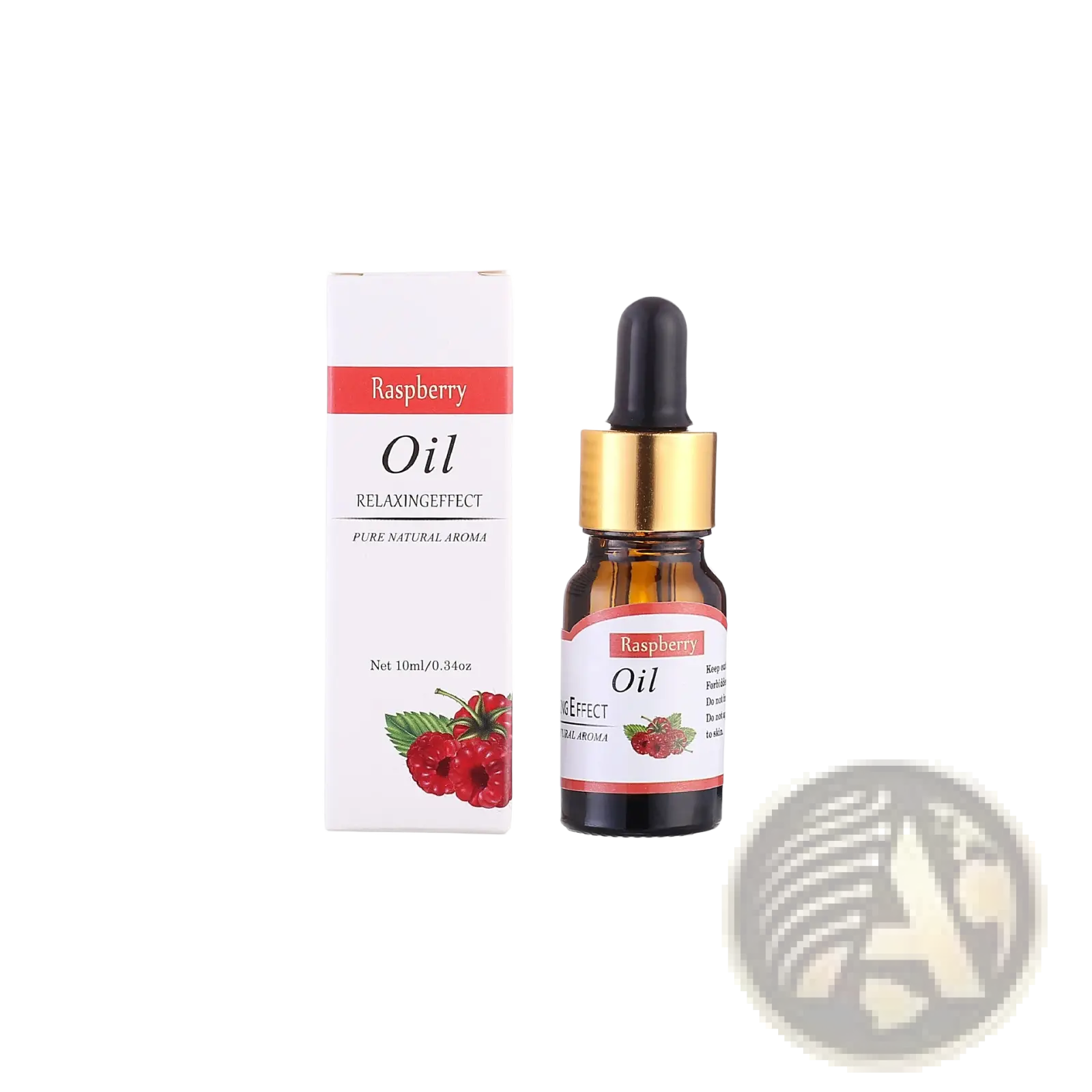 Raspberry-scented essential oil in dark amber glass bottle with gold dropper cap and black rubber bulb with white packaging