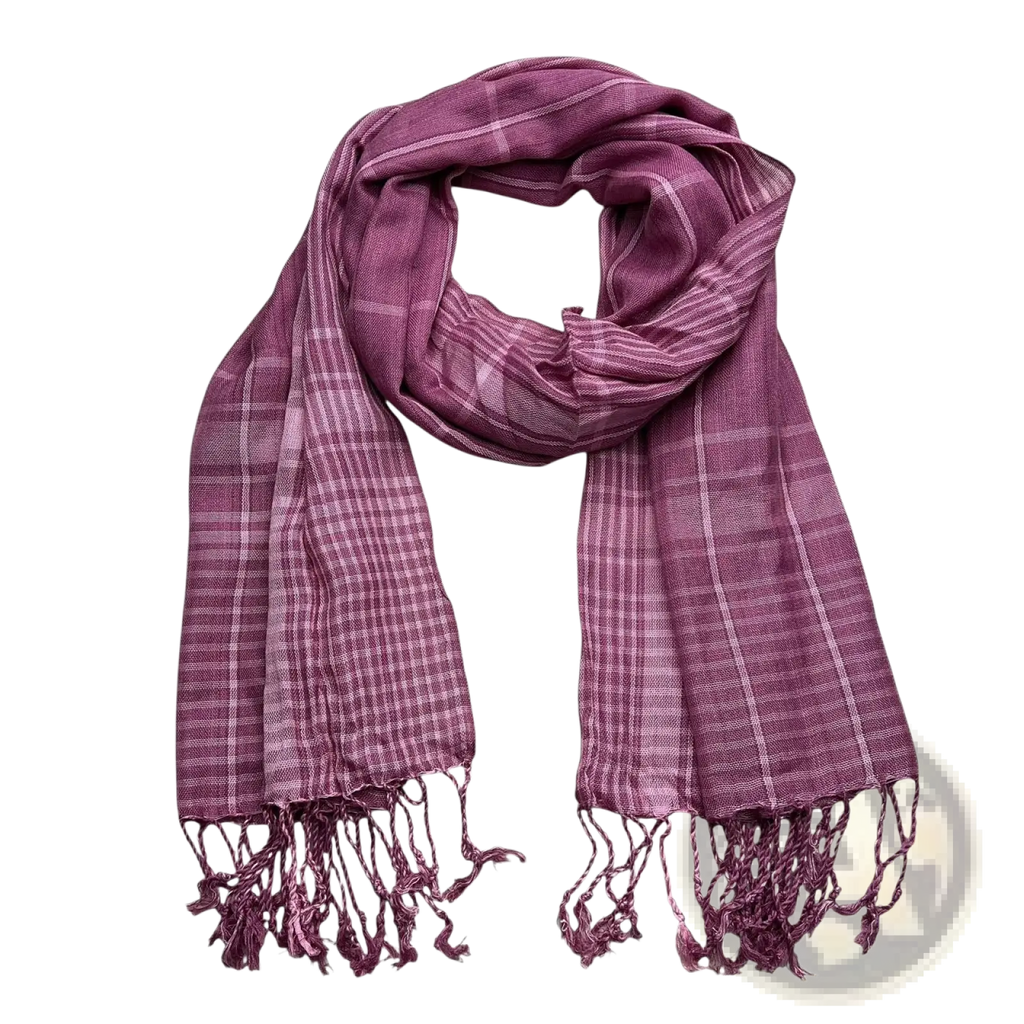 Fuchsia color block yarn-dyed scarf in soft mauve with subtle plaid pattern and fringed edges