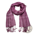 Fuchsia color block yarn-dyed scarf in soft mauve with subtle plaid pattern and fringed edges
