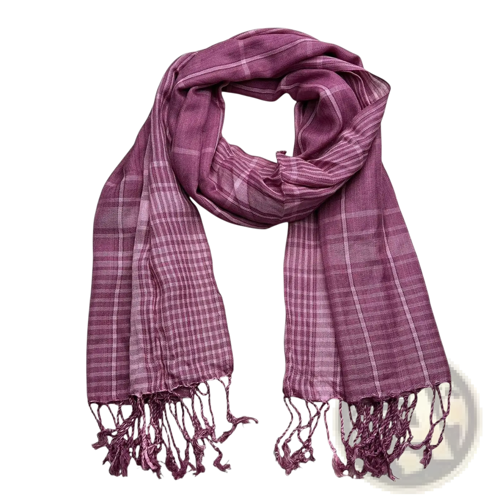 Fuchsia color block yarn-dyed scarf in soft mauve with subtle plaid pattern and fringed edges