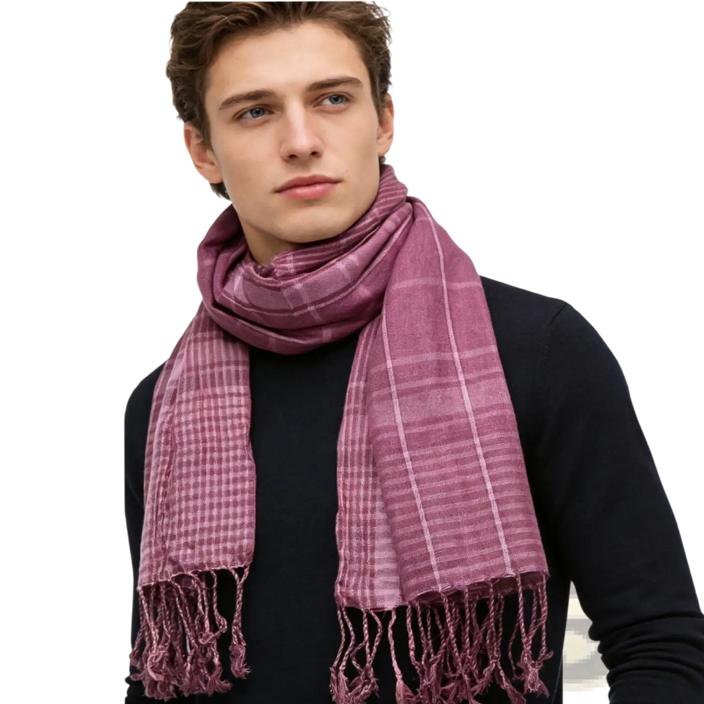 A soft dusty rose fuchsia color block yarn dyed scarf with subtle plaid pattern and fringed edges