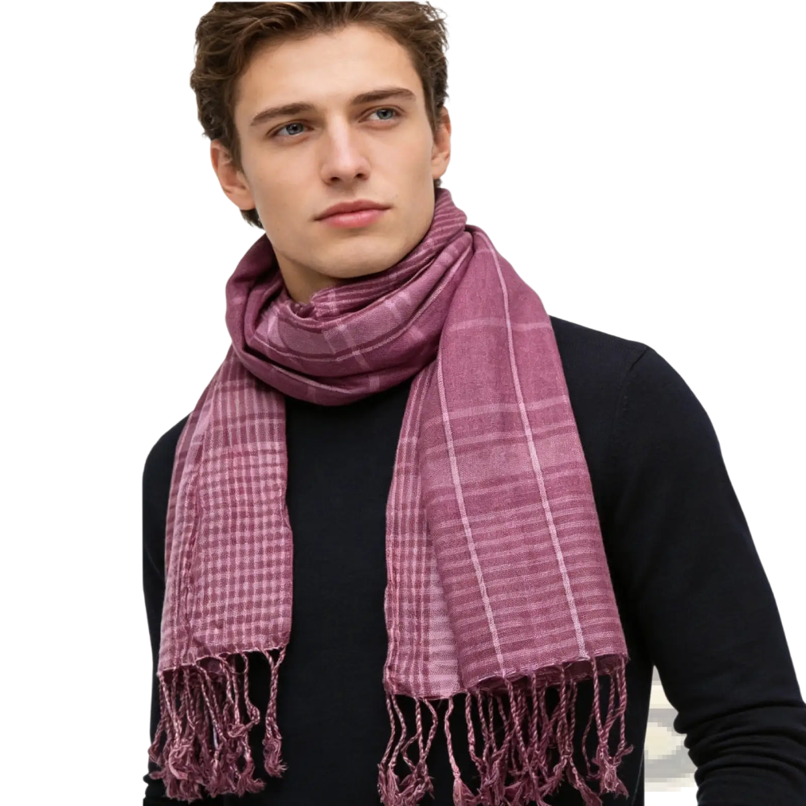 A soft dusty rose fuchsia color block yarn dyed scarf with subtle plaid pattern and fringed edges