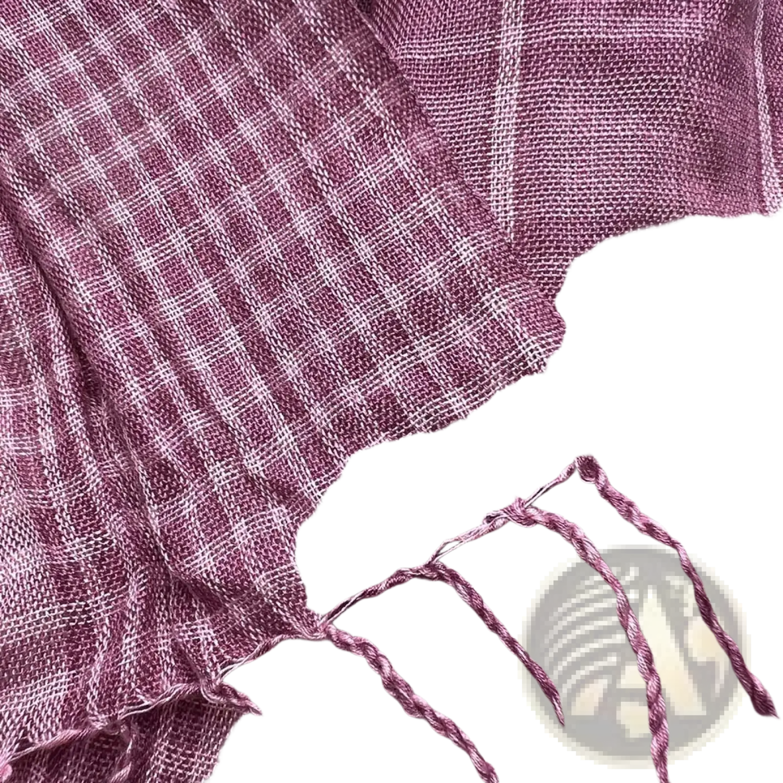 A soft dusty rose color block yarn-dyed scarf with a subtle white checkered pattern and fringed edges