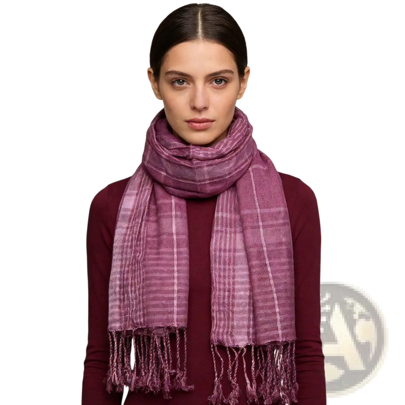 A soft mauve fuchsia color block yarn-dyed scarf with subtle plaid pattern and fringed edges