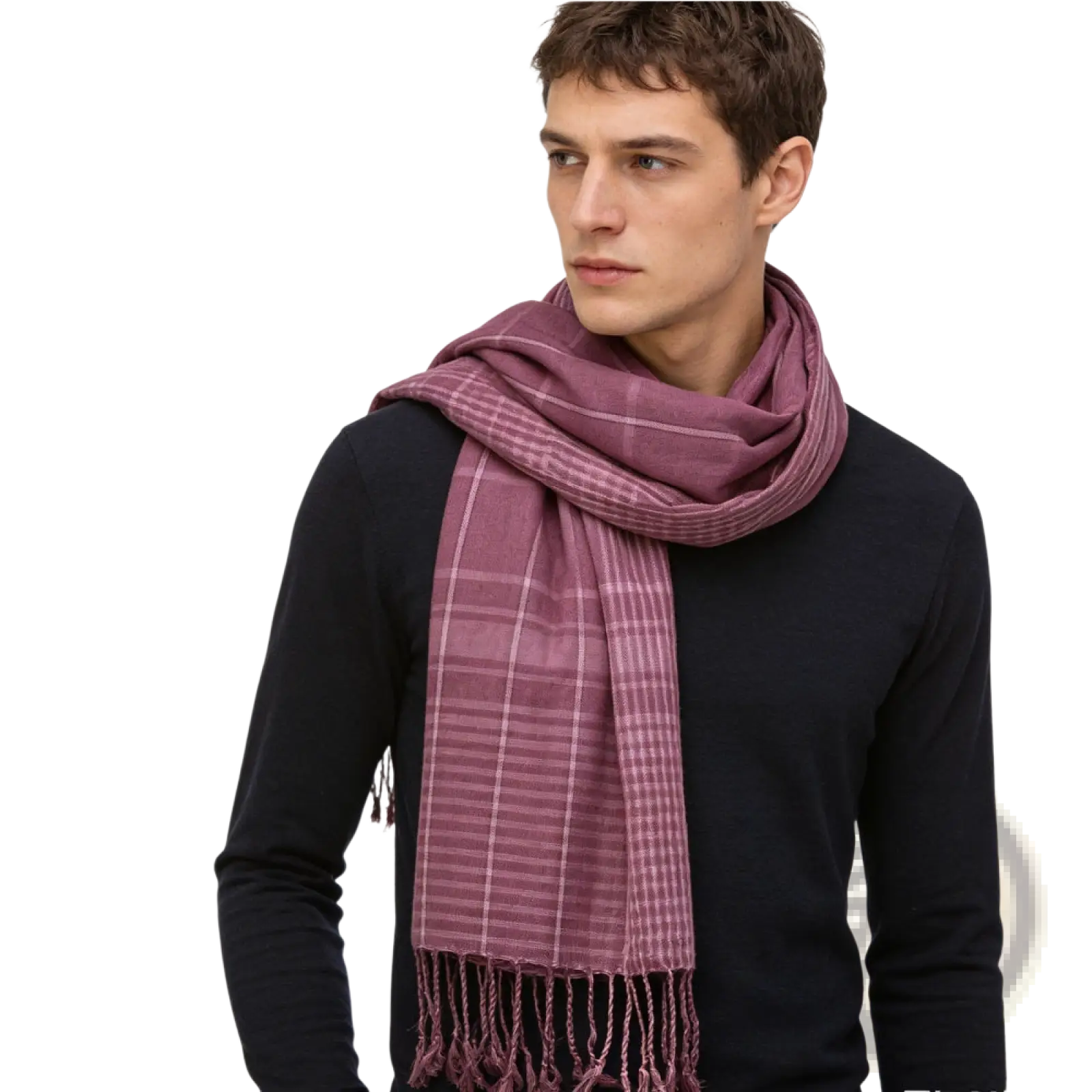 Fuchsia color block yarn-dyed scarf featuring a soft mauve plaid pattern with subtle texture and fringed edges