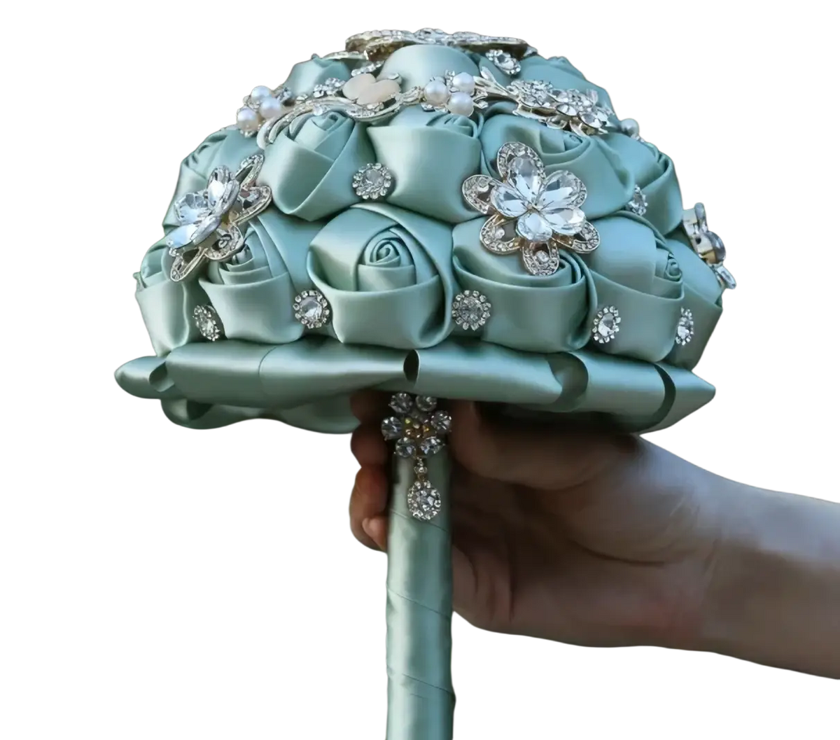 A delicate mint green satin rose bridal bouquet with sparkling rhinestone and pearl embellishments