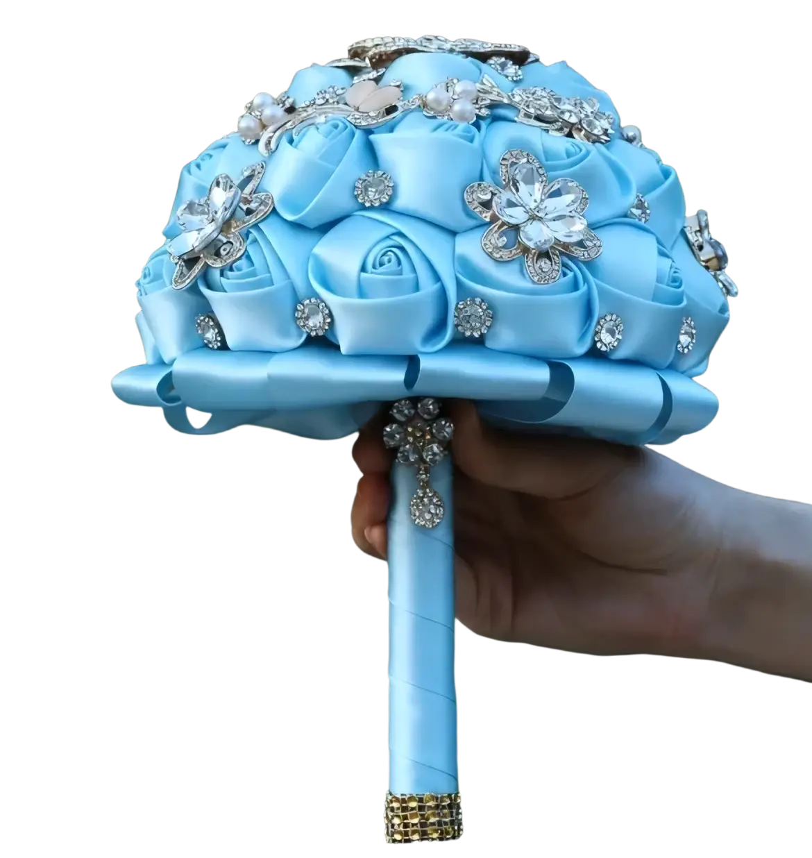 A light blue satin bridal bouquet with sparkling rhinestones and pearl accents for elegant weddings