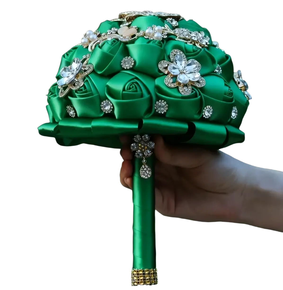 A lush emerald green satin bridal bouquet with sparkling rhinestone flowers and pearl accents for weddings