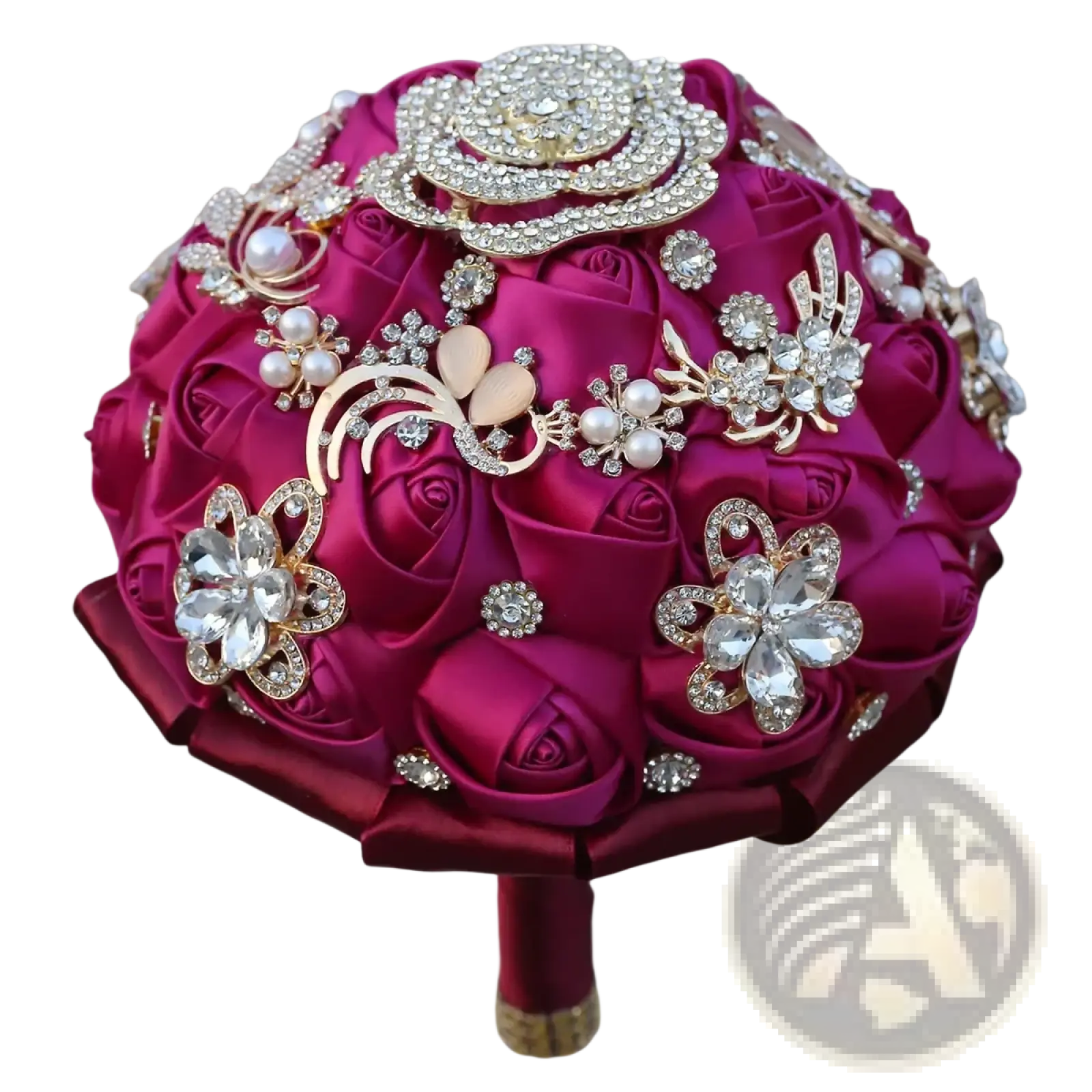 Fuchsia satin bridal bouquet with gold rhinestones featuring magenta satin, rhinestone brooches, pearls, and gold floral accents
