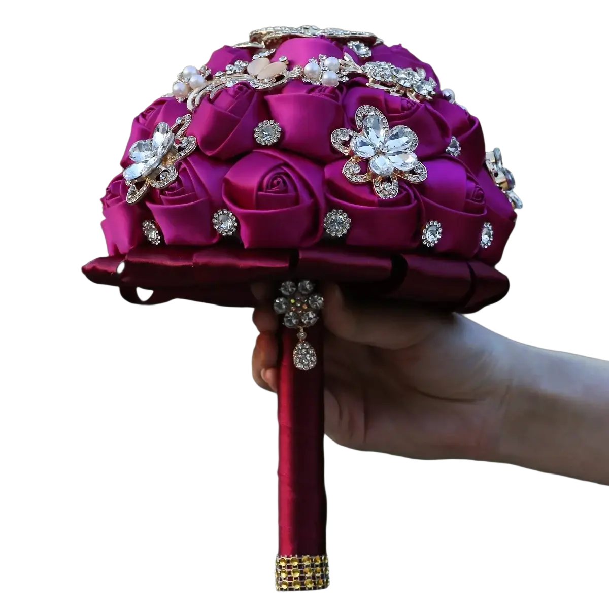 Fuchsia satin bridal bouquet with gold rhinestones featuring magenta satin fabric and pearl accents with red handle