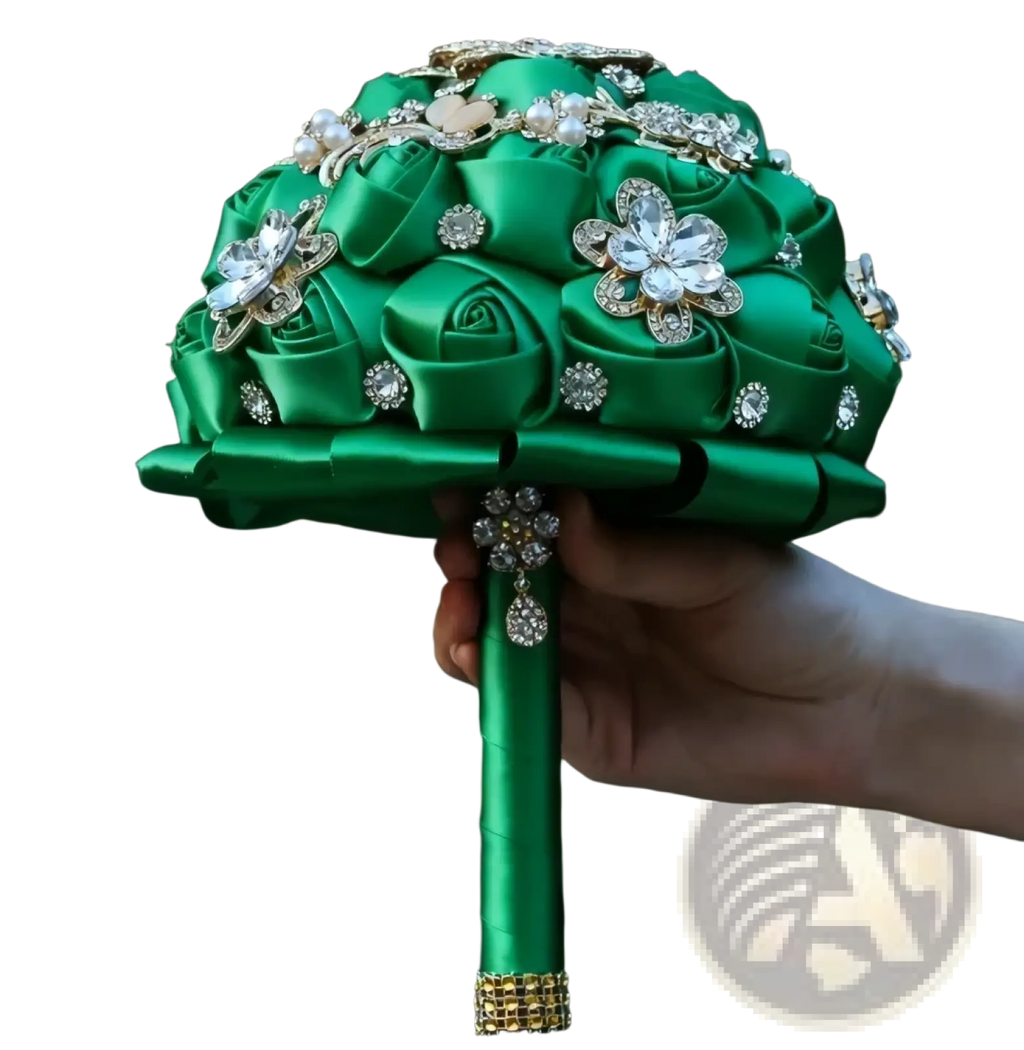 A lush emerald green satin bridal bouquet with sparkling rhinestone flowers and pearl accents for weddings