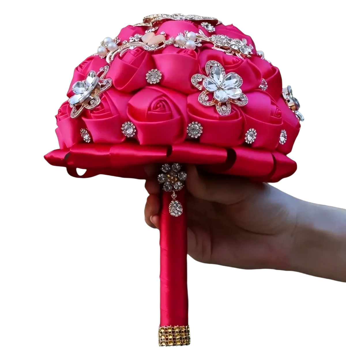 A vibrant fuchsia satin bridal bouquet adorned with gold rhinestone flowers and pearl accents