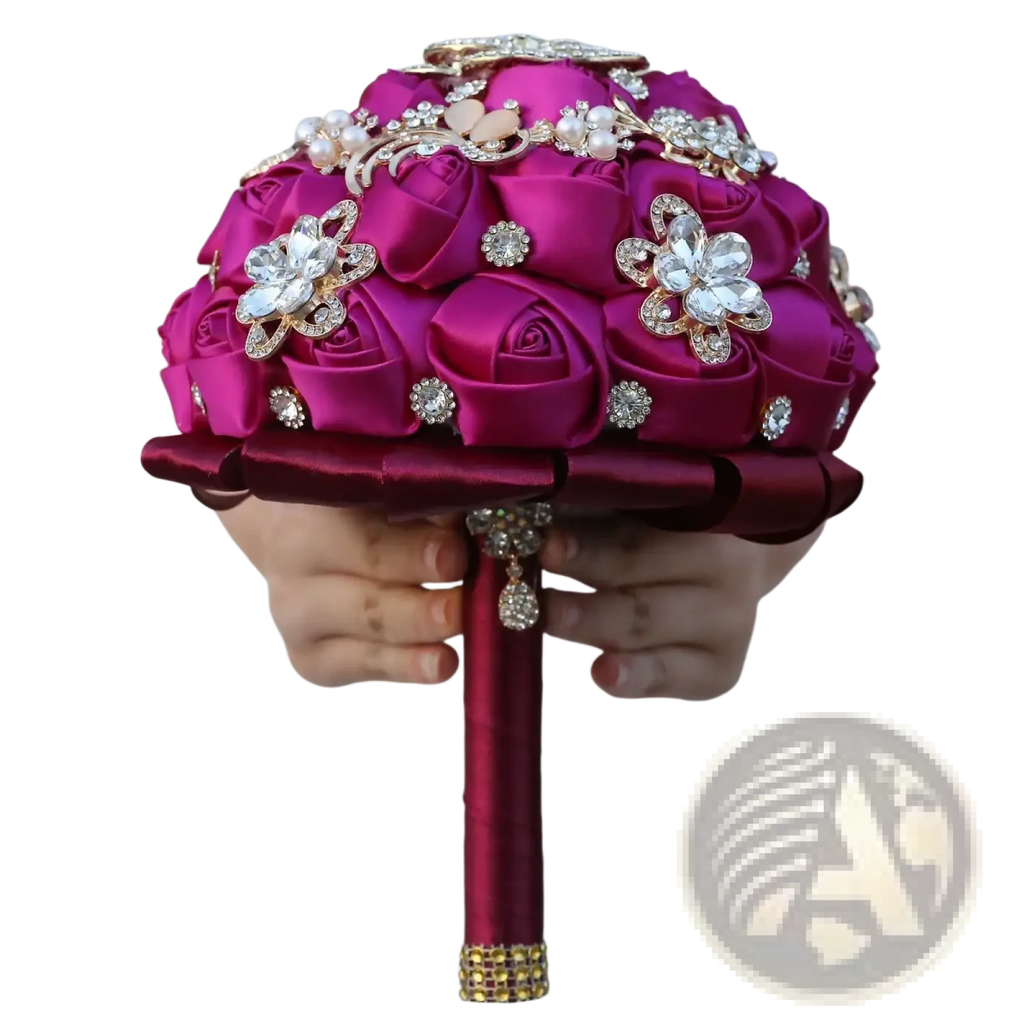 A vibrant fuchsia satin bridal bouquet with gold rhinestones sparkling crystal flowers and pearl accents