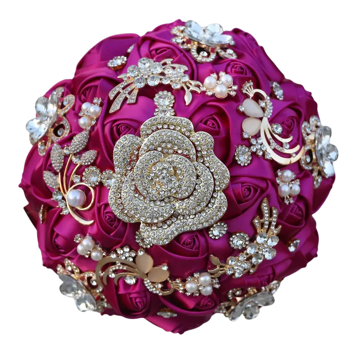Fuchsia satin bridal bouquet featuring vibrant rose design with gold rhinestones and pearl accents