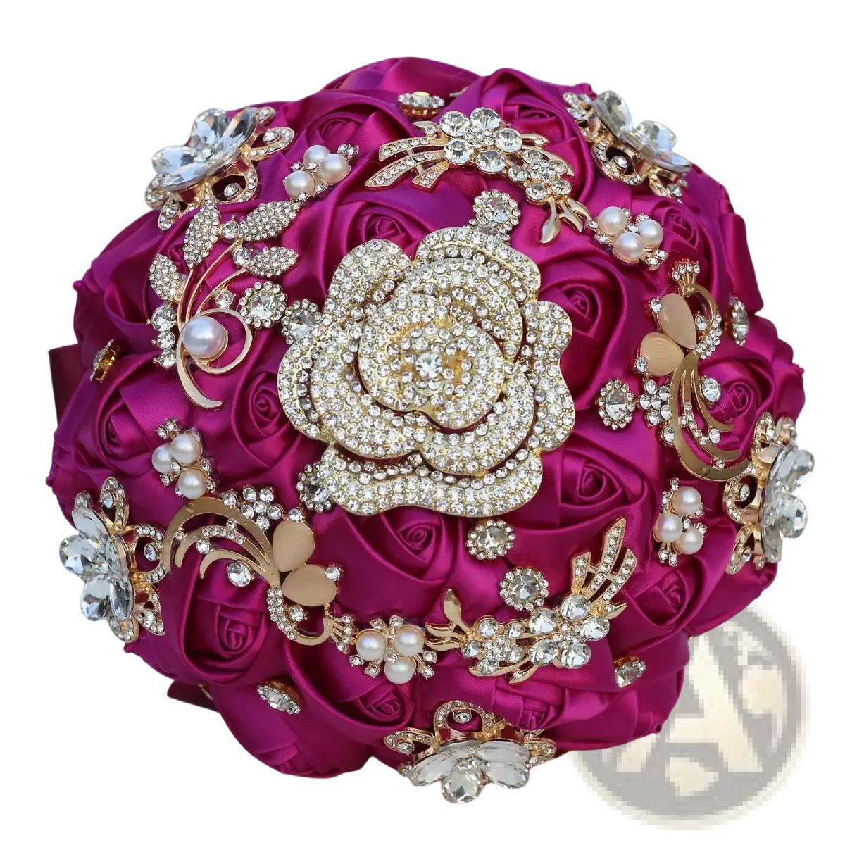 A fuchsia satin bridal bouquet with gold-toned rhinestone and pearl floral embellishments for weddings