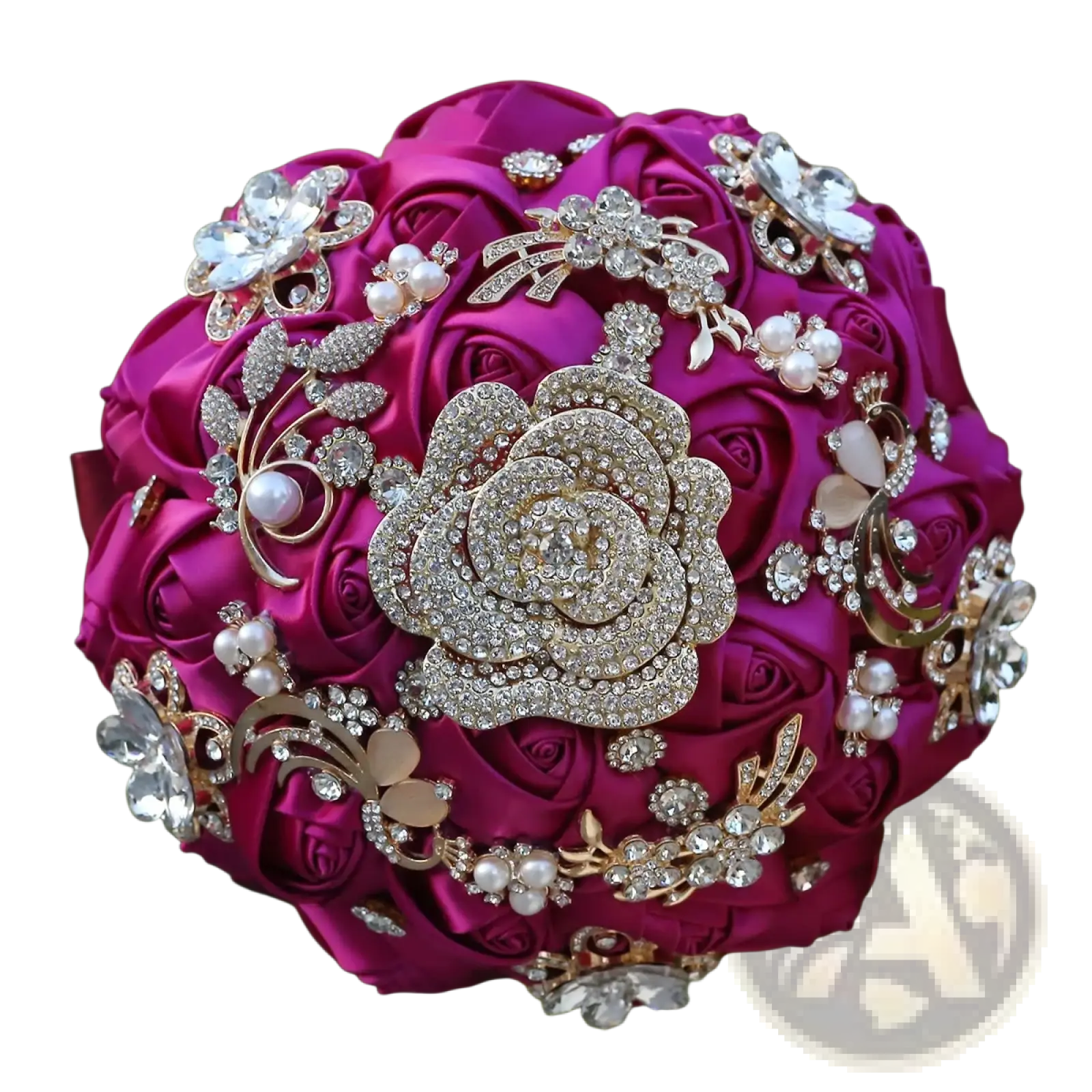 A fuchsia satin bridal bouquet featuring gold-toned rhinestone and pearl embellishments with a floral brooch design