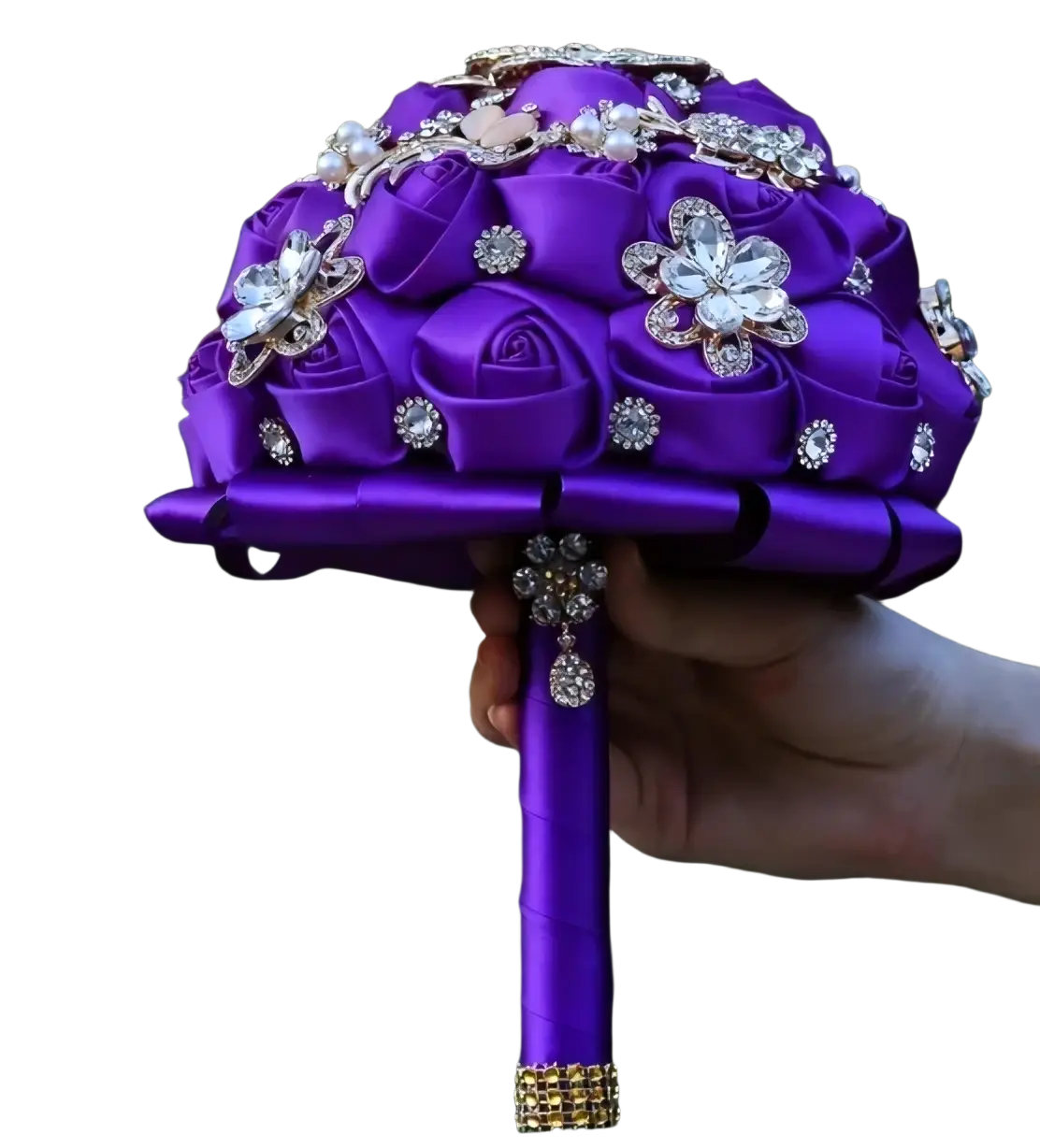 Fuchsia satin bridal bouquet featuring vibrant purple fabric with gold rhinestones pearl accents and floral embellishments
