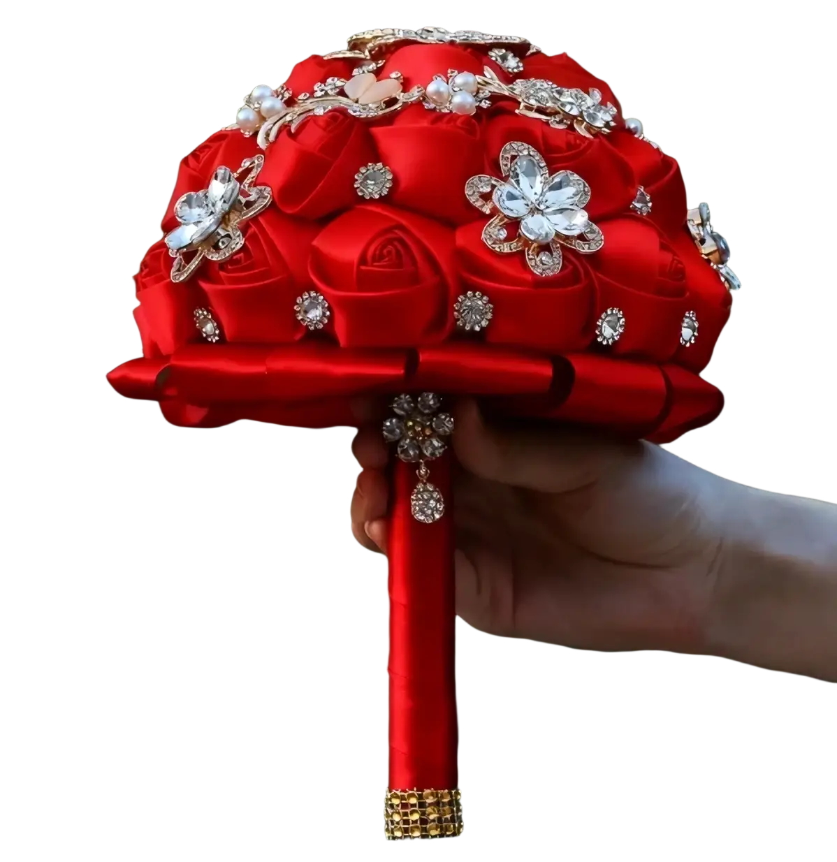 A vibrant fuchsia satin bridal bouquet adorned with gold rhinestones and pearl embellishments for weddings