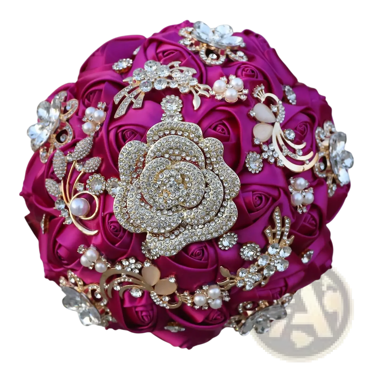 Fuchsia satin bridal bouquet featuring vibrant rose design with gold rhinestones and pearl accents