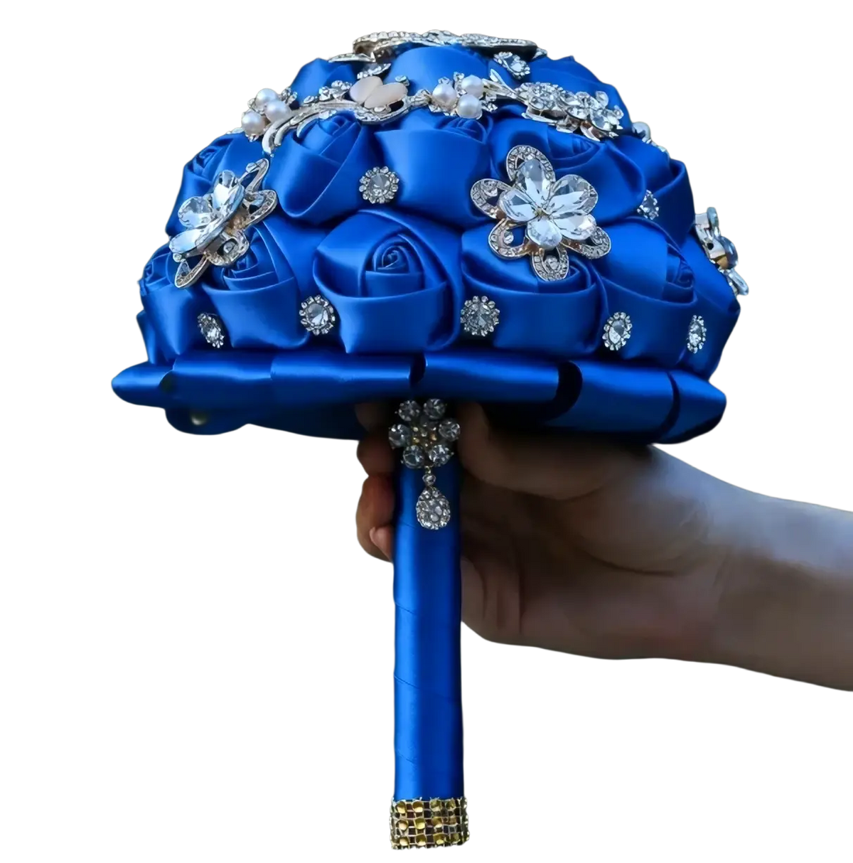 A vibrant royal blue satin bridal bouquet with silver rhinestone flowers and pearl accents for weddings