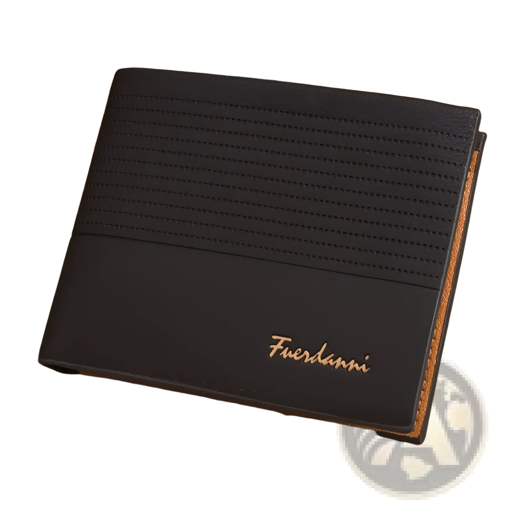 Black leather slim bifold wallet for men with textured pattern and gold-colored Fuerdanni branding on front side